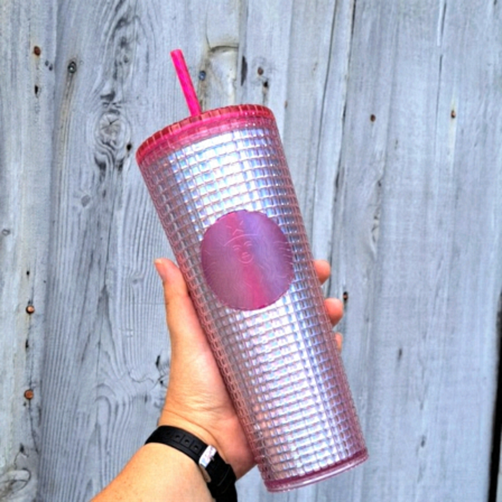 NWT Starbucks iridescent bling cold cup with straw 24oz in Barbie bubblegum pink